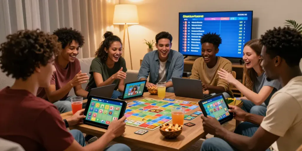 Friends enjoying the Rumble Rummy app on a smartphone, celebrating wins in a cozy living room.