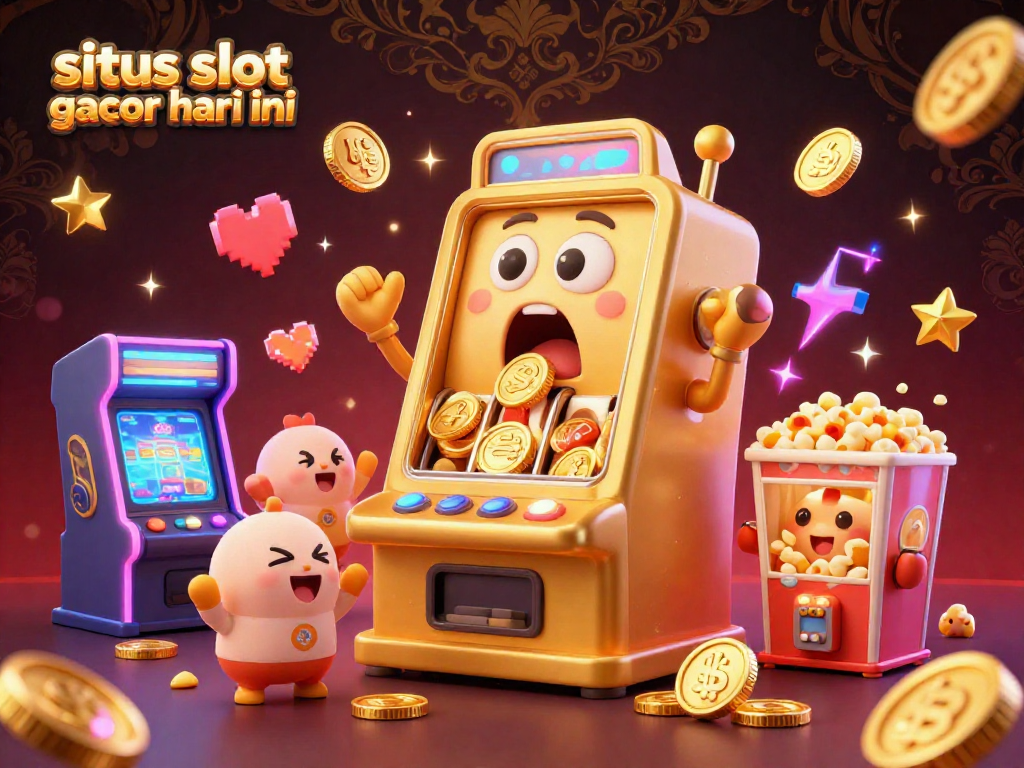 Situs slot gacor hari ini showcasing a surprised golden slot machine celebrating a jackpot while surrounded by cheering machines, creating a fun casino atmosphere.
