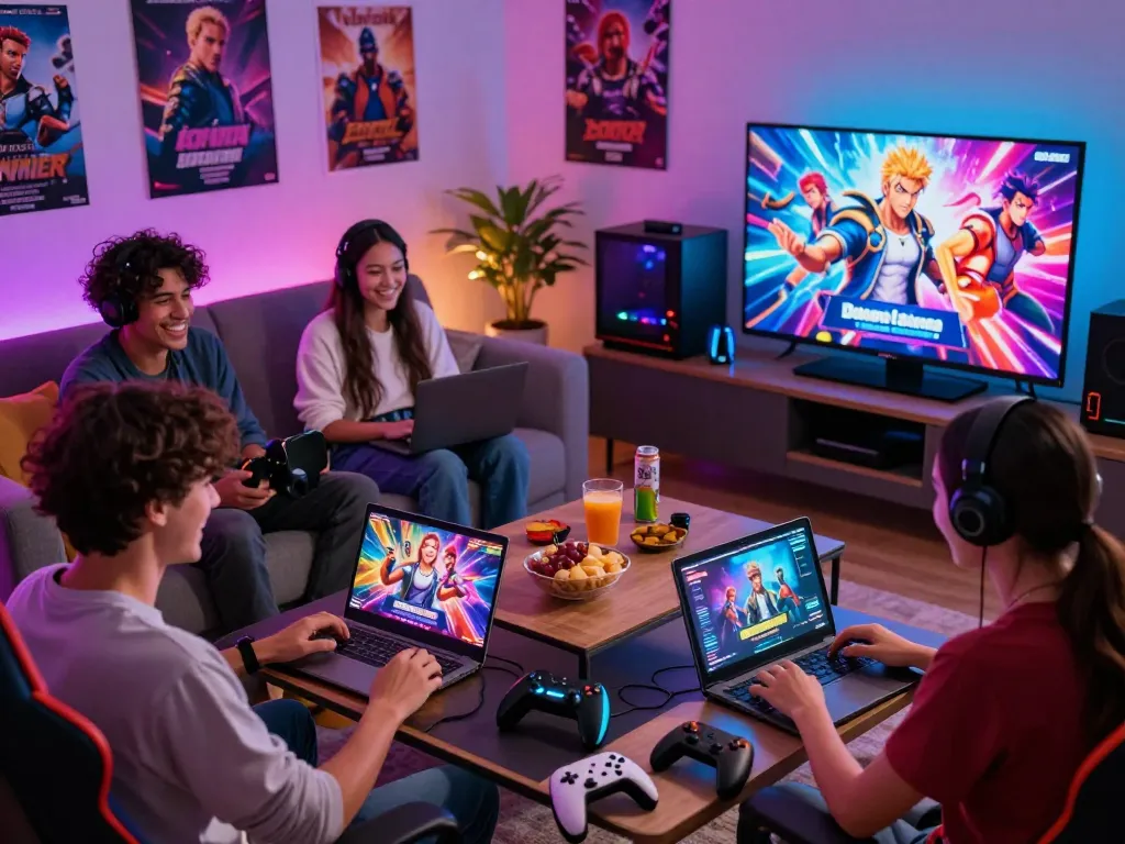 Friends enjoying online sex games on devices in a vibrant gaming room