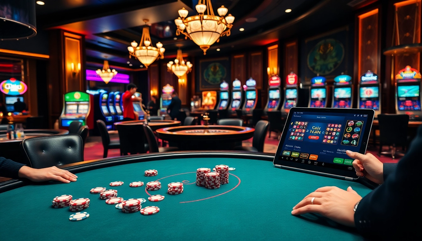 Experience high-stakes poker action at an Okking casino table with vibrant chips and cards.