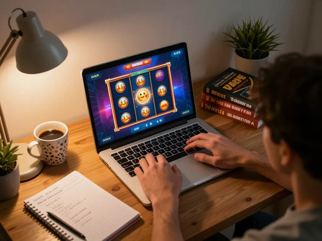 Engaged player at their laptop exploring situs slot bonus di depan, showcasing vibrant game visuals and strategic notes.