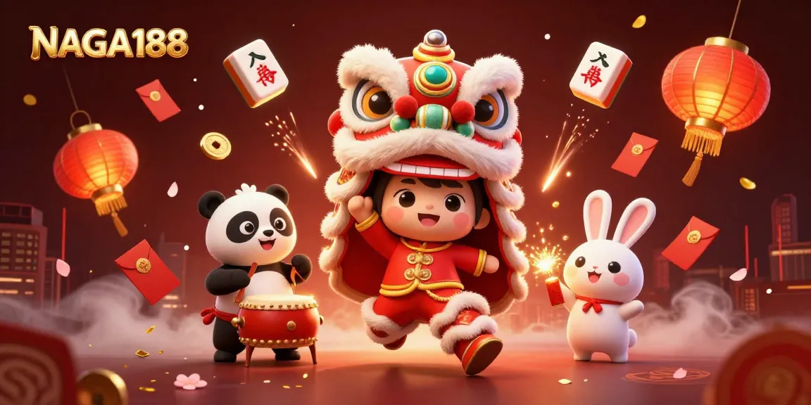 NAGA188 mewakili pengalaman beruang panda dan kelinci kembang api dalam desain kasino yang meriah dan berwarna.