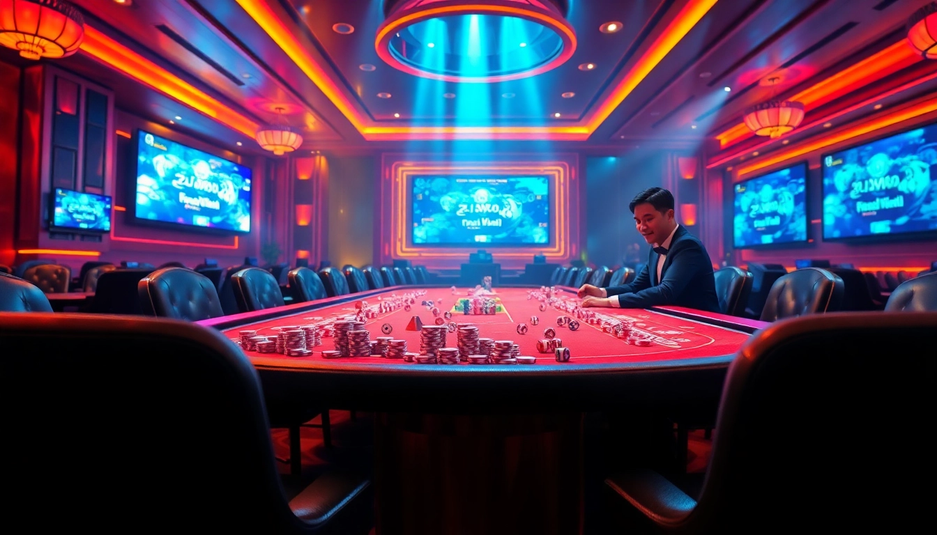 Tài xỉu sunwin 20 table with vibrant casino chips and excited players experiencing online gambling.