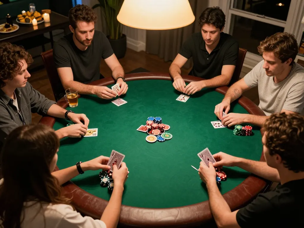 Experience GEMWIN's thrilling poker night with players strategizing over cards and chips.