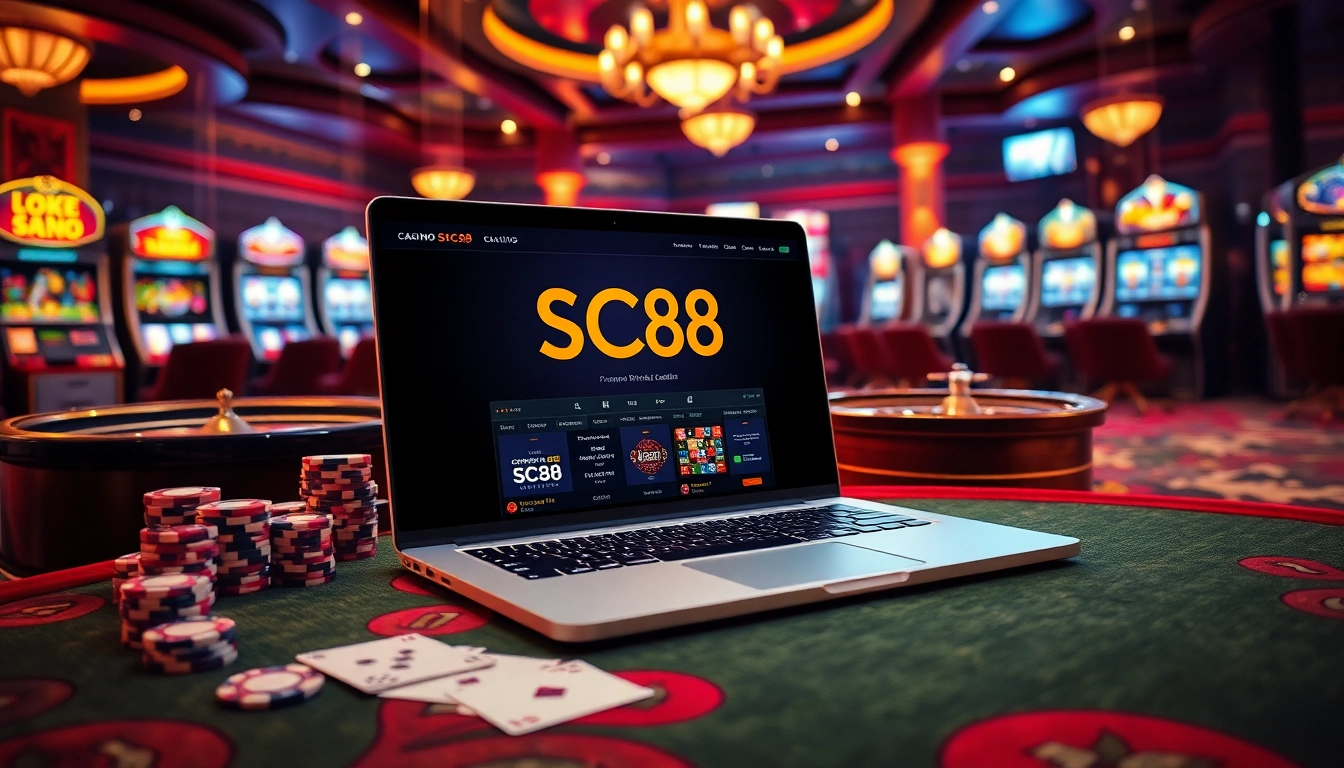 SC88 online gambling interface surrounded by poker chips and a roulette wheel in a luxurious casino setting.