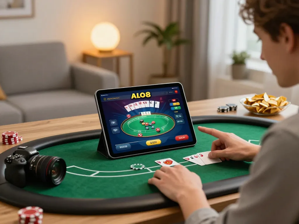 Player engaging with ALO8 casino app on tablet in a cozy online gambling atmosphere.