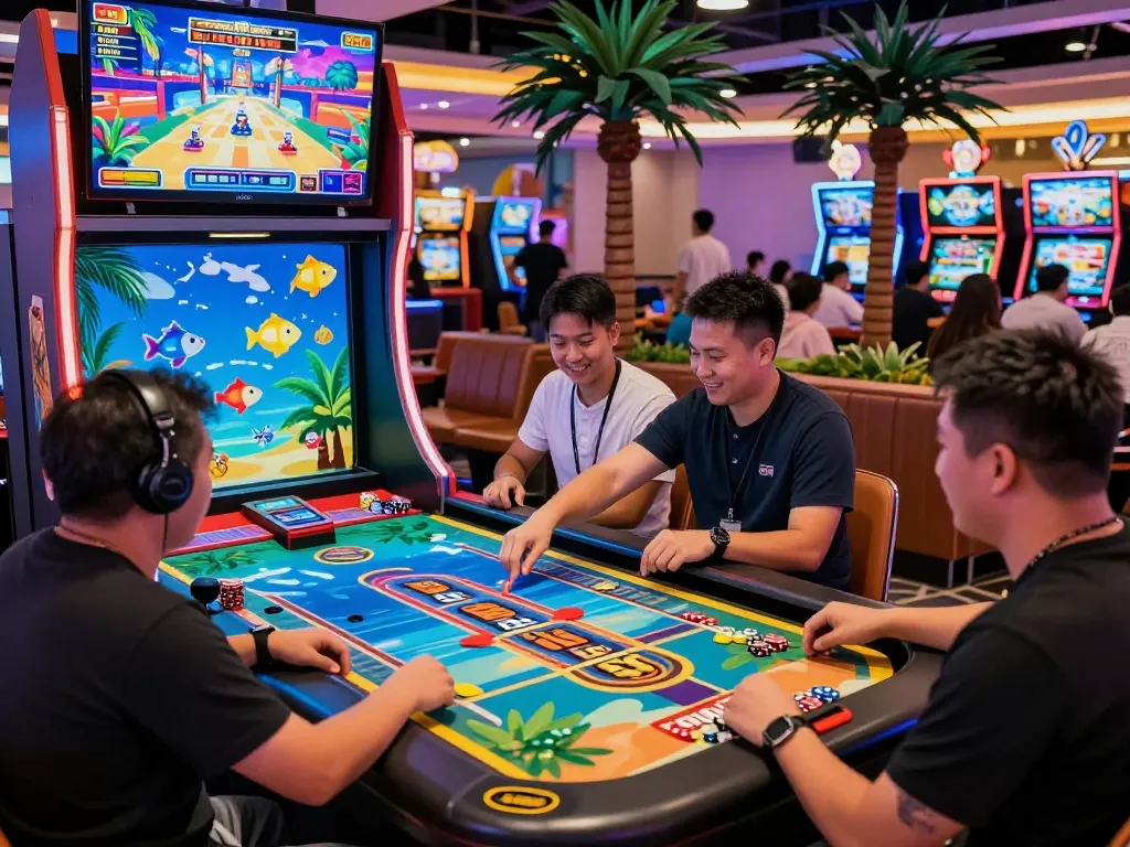 Players enjoying the 79King gaming experience in a vibrant casino atmosphere, featuring a colorful fish shooting game.