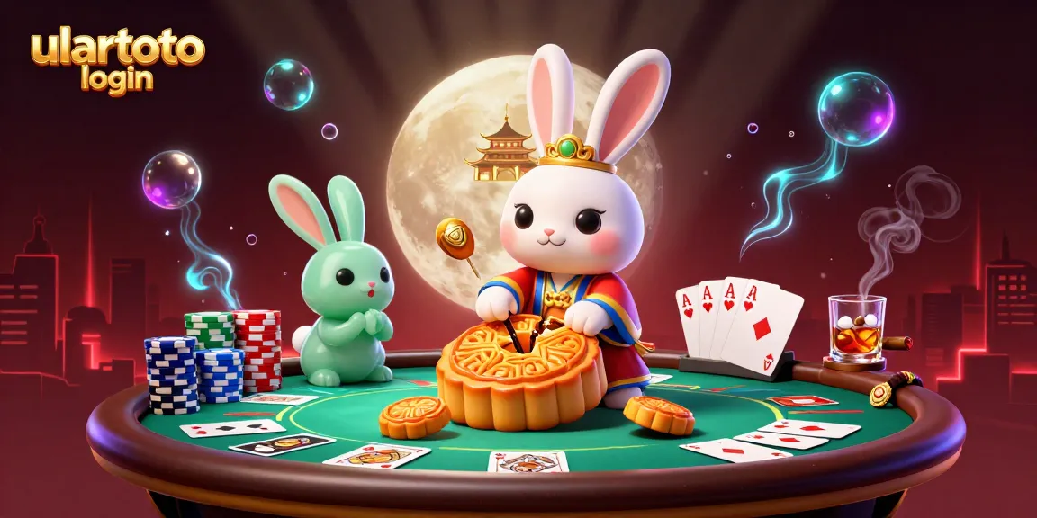 Ilustrasi ulartoto login dengan kelinci bulan beraksi di luar angkasa dan elemen poker yang menarik.