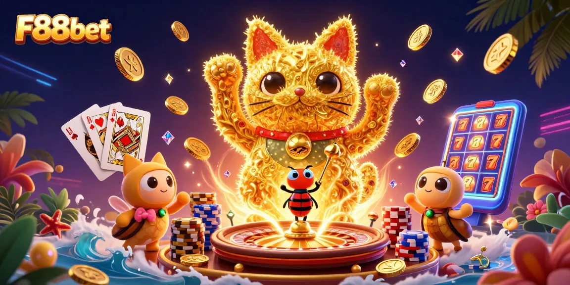 Experience vibrant casino action with F88bet's golden lucky cat symbol amidst sparkling elements.