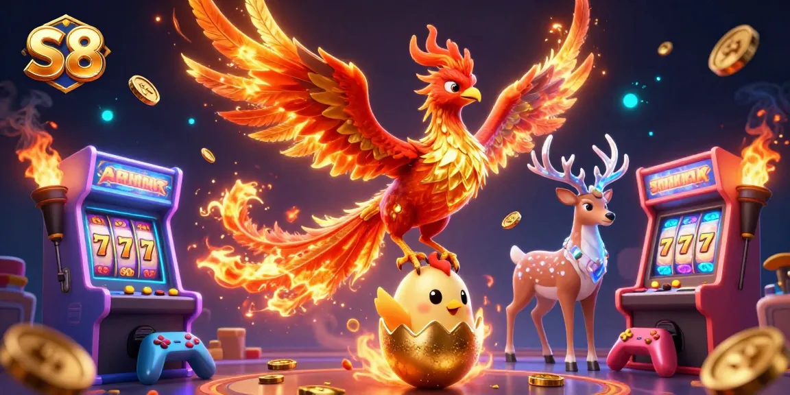 Experience thrilling gameplay at S8 with casino-themed elements and dynamic characters in a vibrant illustration.