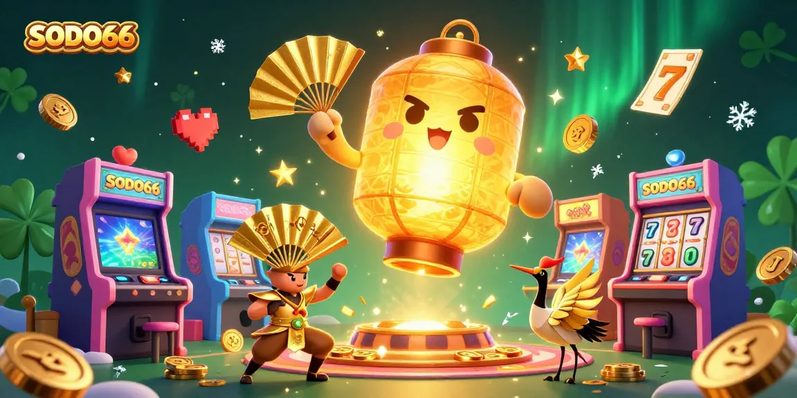 Experience excitement at SODO66 with glowing slot machines, golden lanterns, and vibrant casino elements.