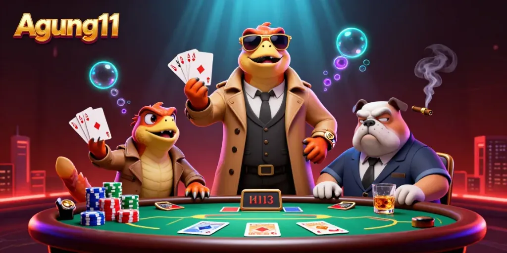 Gambler Agung11 beraksi dalam ilustrasi kasino dimensi 3D dengan tiga raptor dan bulldog pengawas.