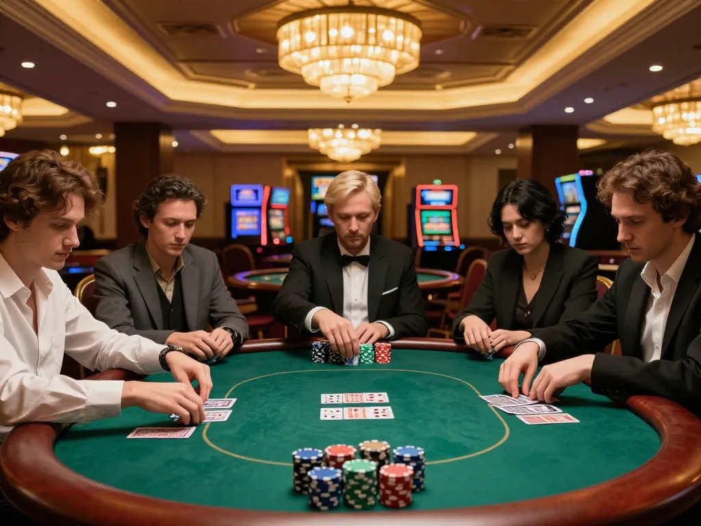 Pemain merencanakan strategi selama permainan poker yang mendebarkan di kasino kyungdongmart dengan suasana yang meriah.