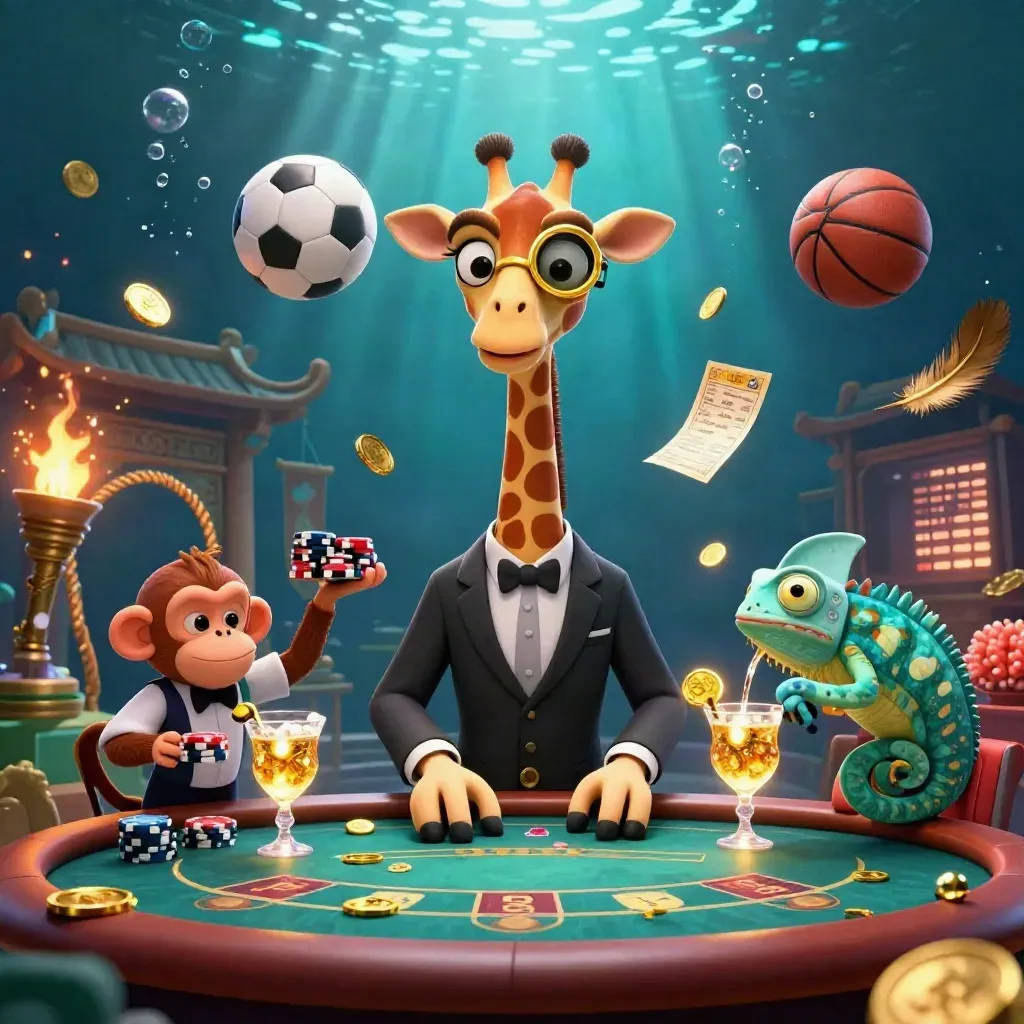 Ground-level casino key art with giraffe, monkey and chameleon amid flying balls, coins and underwater light.