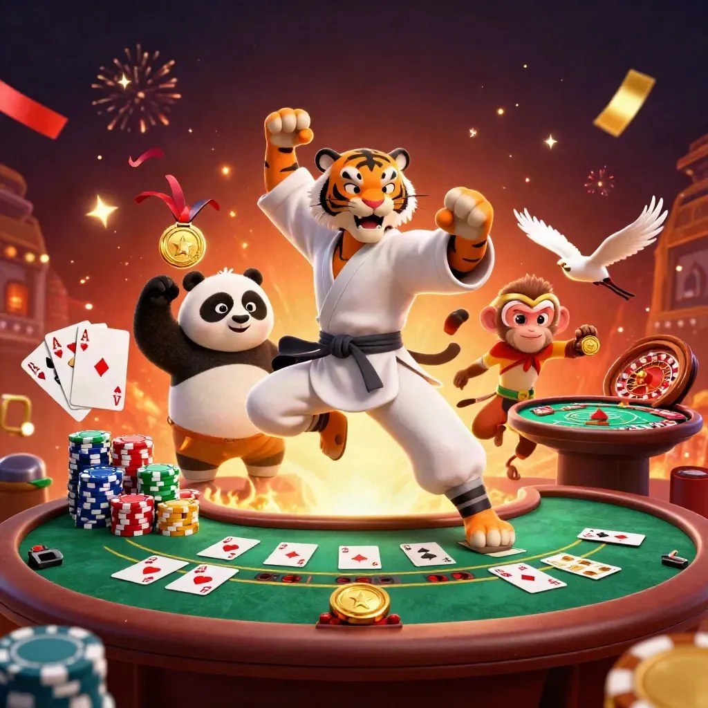 Kung-fu tiger, panda, and monkey amid casino cards, chips, fireworks, and neon glow