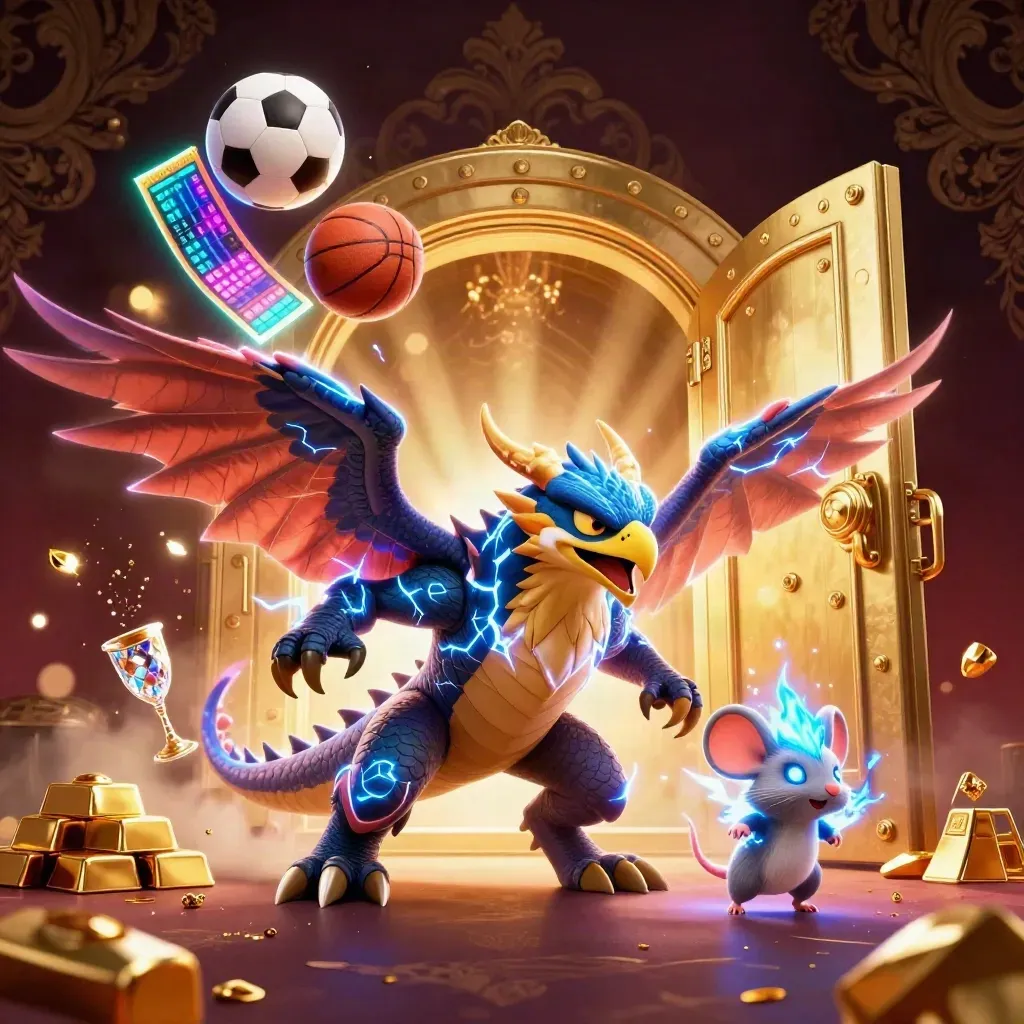 Thunder dragon, hawk, and mouse burst amid gold treasure, balls, and neon casino light.