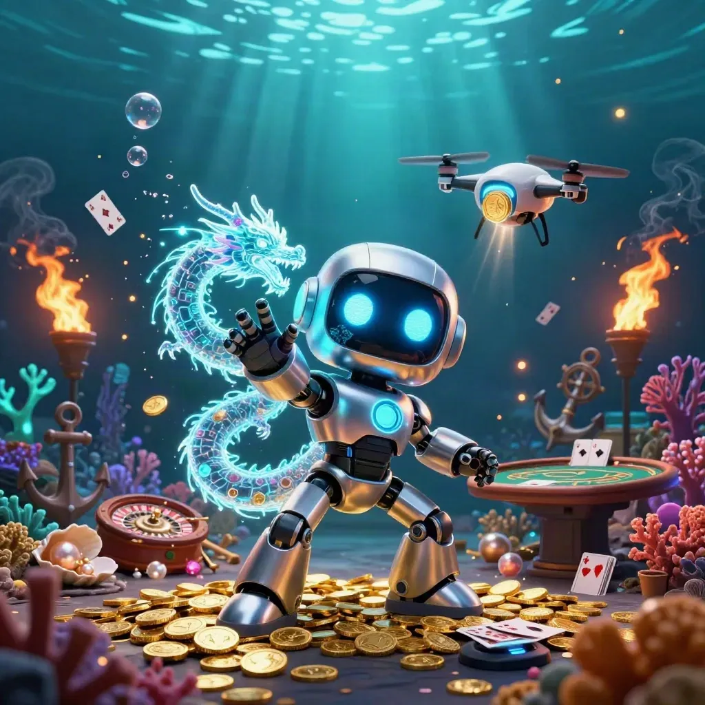 Robot, holographic dragon, and coin drone in a glowing underwater treasure cove, cinematic casino fantasy.