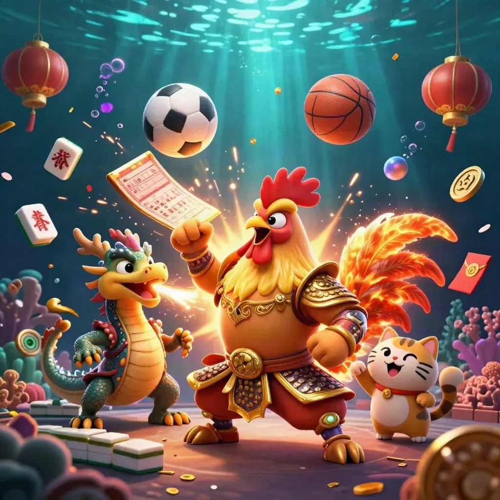 Rooster warrior, dragon hatchling and fortune cat amid flying sports balls and casino gold