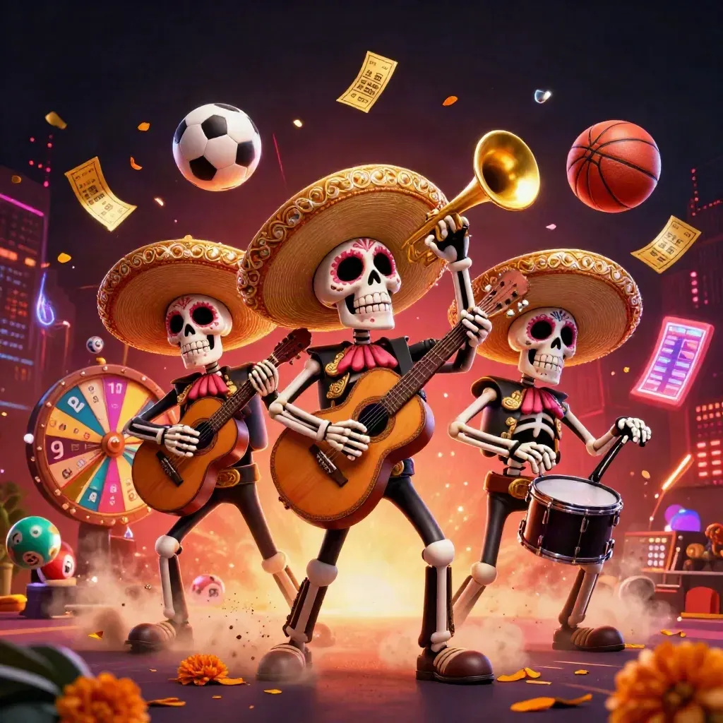 Skeleton mariachi trio amid flying lottery balls, prize wheel, gold tickets and neon casino lights.