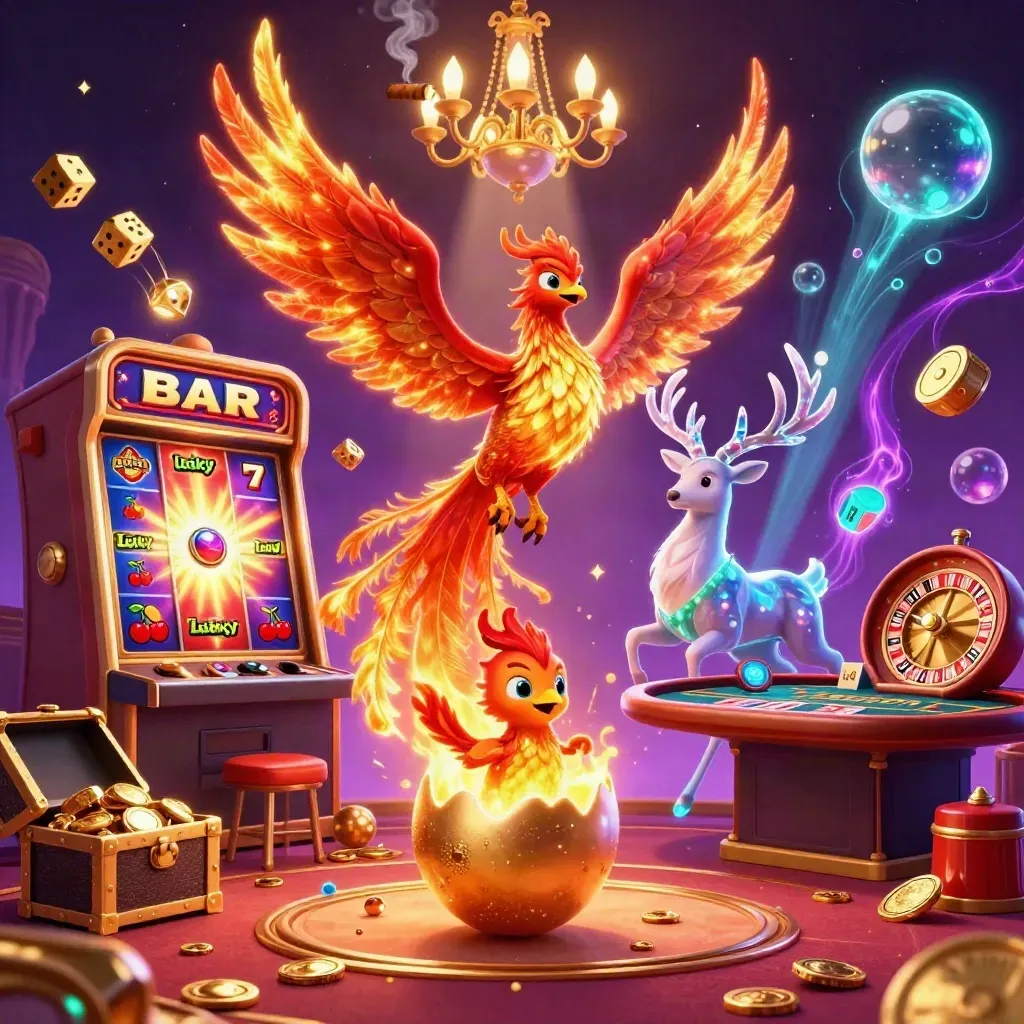 Phoenixes and a crystal stag in a neon casino with slot bursts, a roulette wheel, and gold light