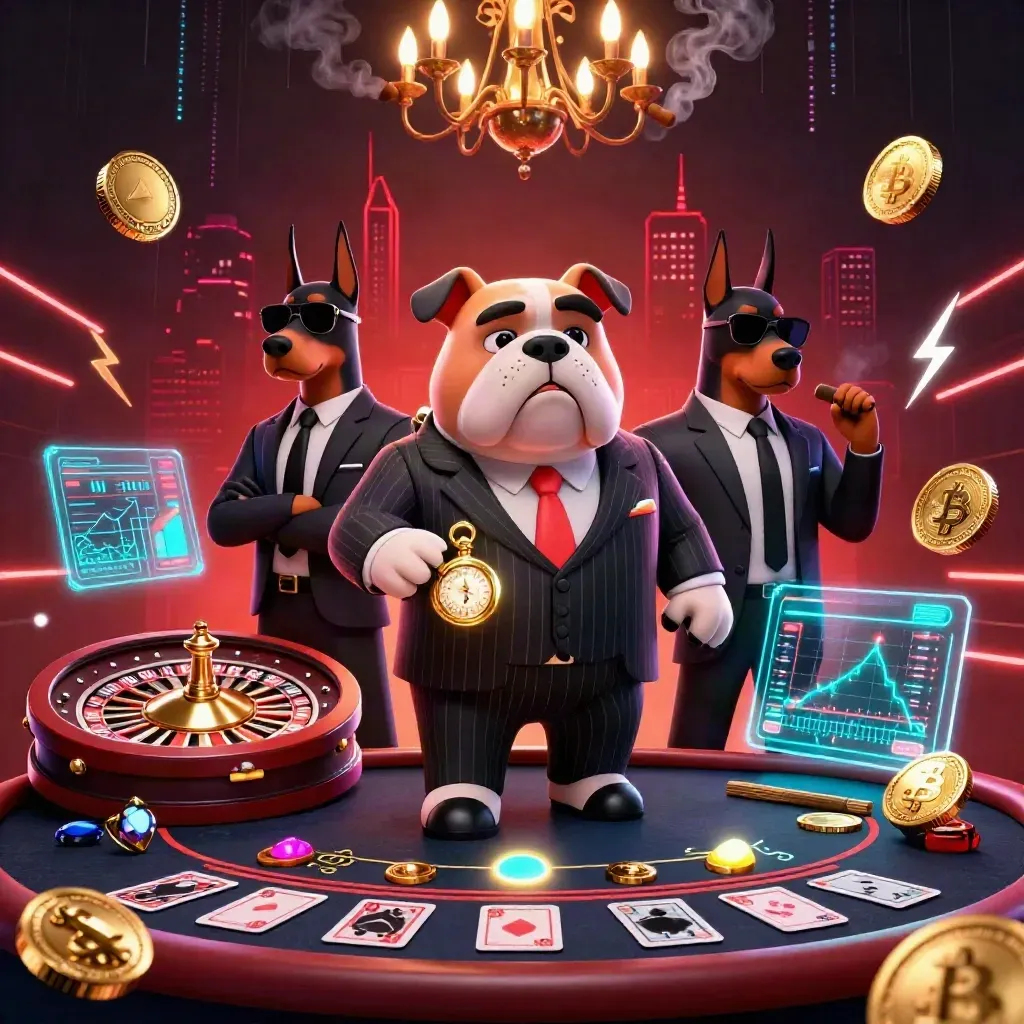 Bulldog boss and two Dobermans at a neon casino table with roulette, cards, and gold glow.