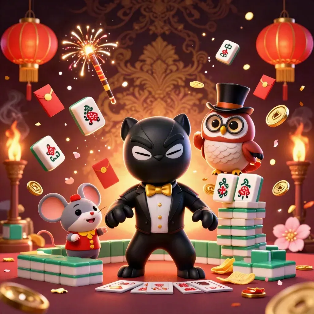 Panther, owl, and mouse in luxe casino fantasy with lanterns, coins, petals, and gold glow