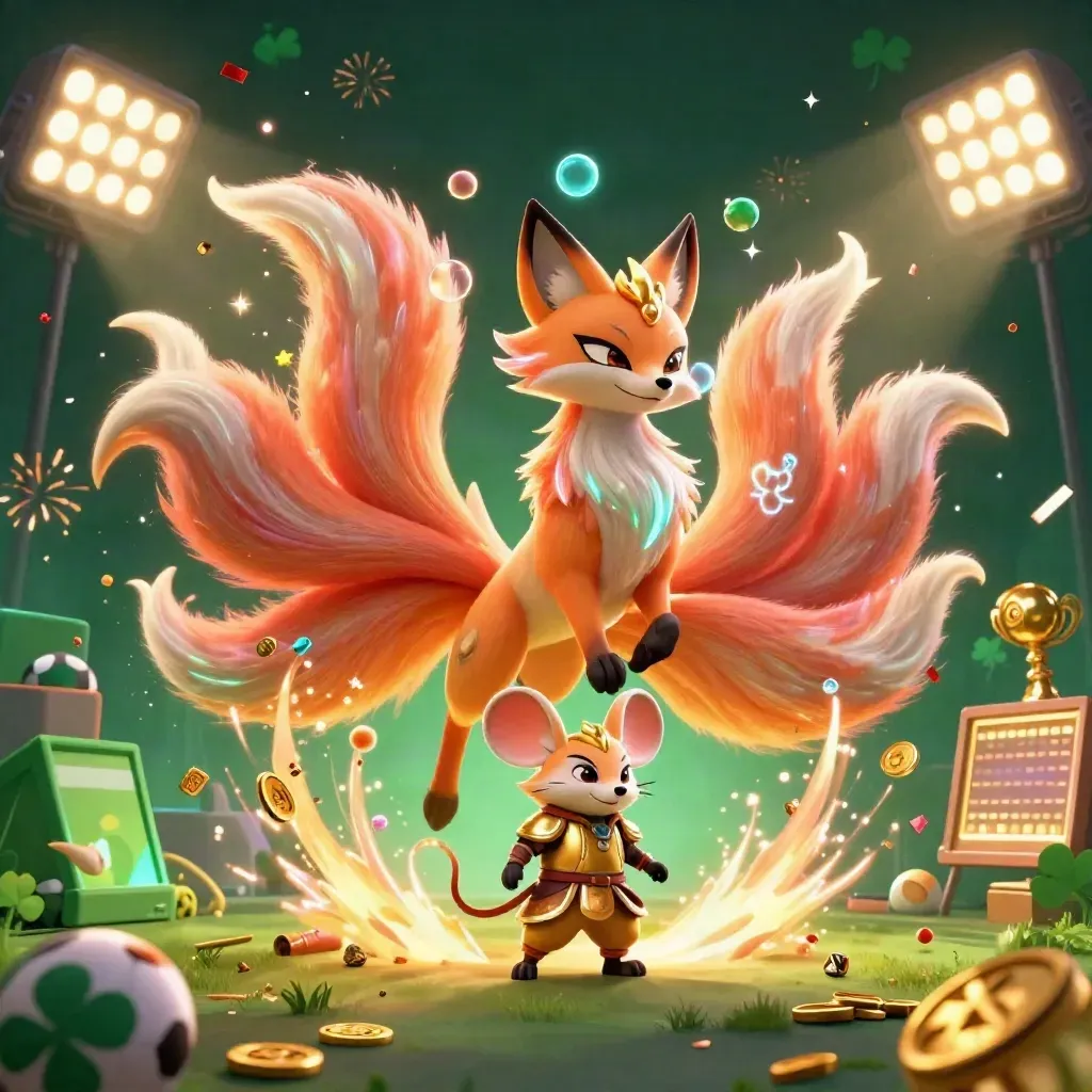 Fox spirit and samurai mouse amid gold coins, gems, confetti, fireworks, and neon casino glow.