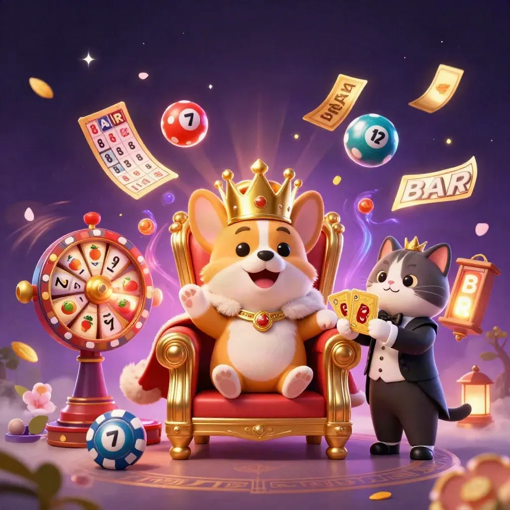 Royal corgi king and cat butler amid bursting casino treasures, reels, balls, and glowing magic.