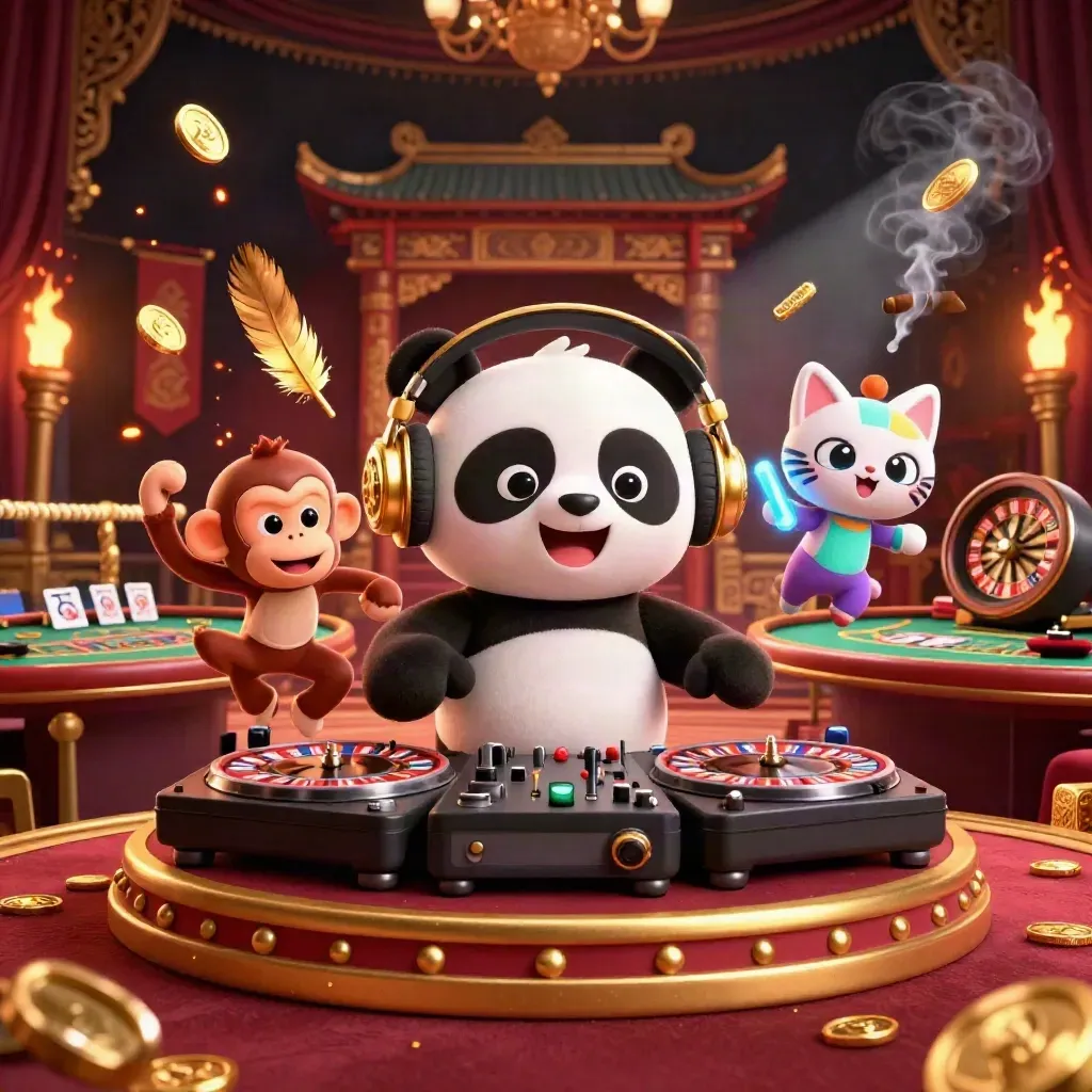 DJ panda, monkey, and glow kitten in a luxe casino room with torchlight and neon gold accents