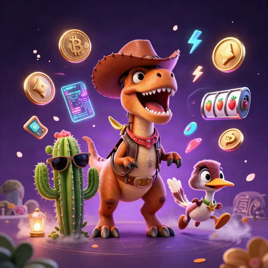 Cowboy T-Rex, cactus sidekick, and roadrunner amid neon coins, runes, and casino energy