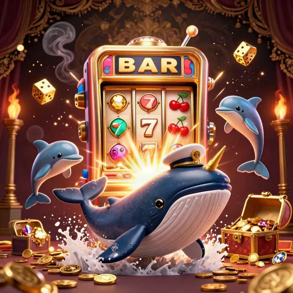 Whale captain, narwhal, and dolphins burst through coins amid casino treasure and gold light.