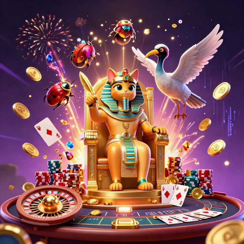 Pharaoh cat, ibis scribe, and scarab beetles amid coins, cards, chips, and neon casino energy.