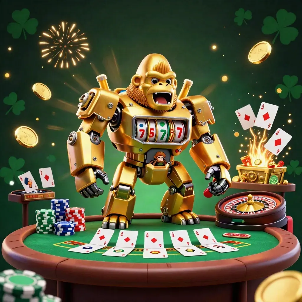 Golden gorilla mech with monkey pilot amid casino props, coins, fireworks, and neon glow.