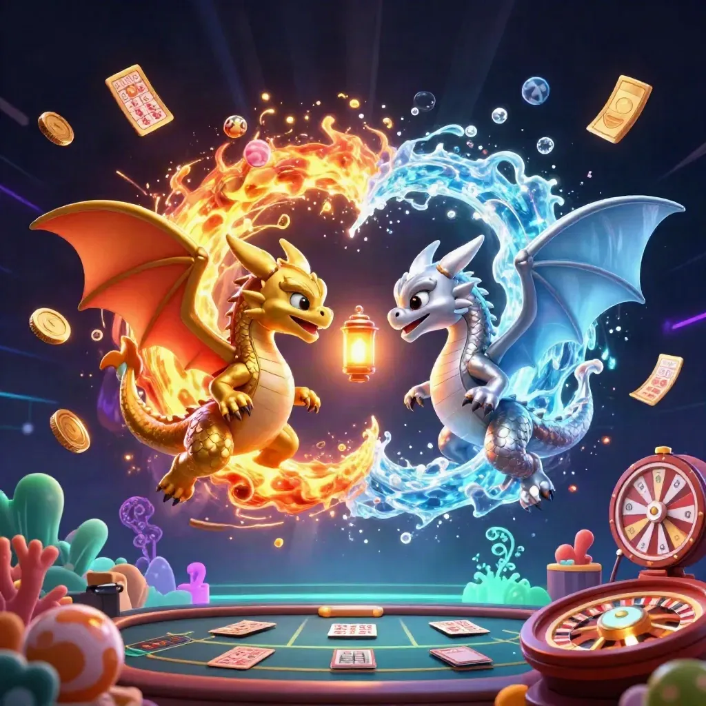 Gold and silver dragons spiral around a lantern spirit amid casino treasure, coins, fireworks, and neon glow