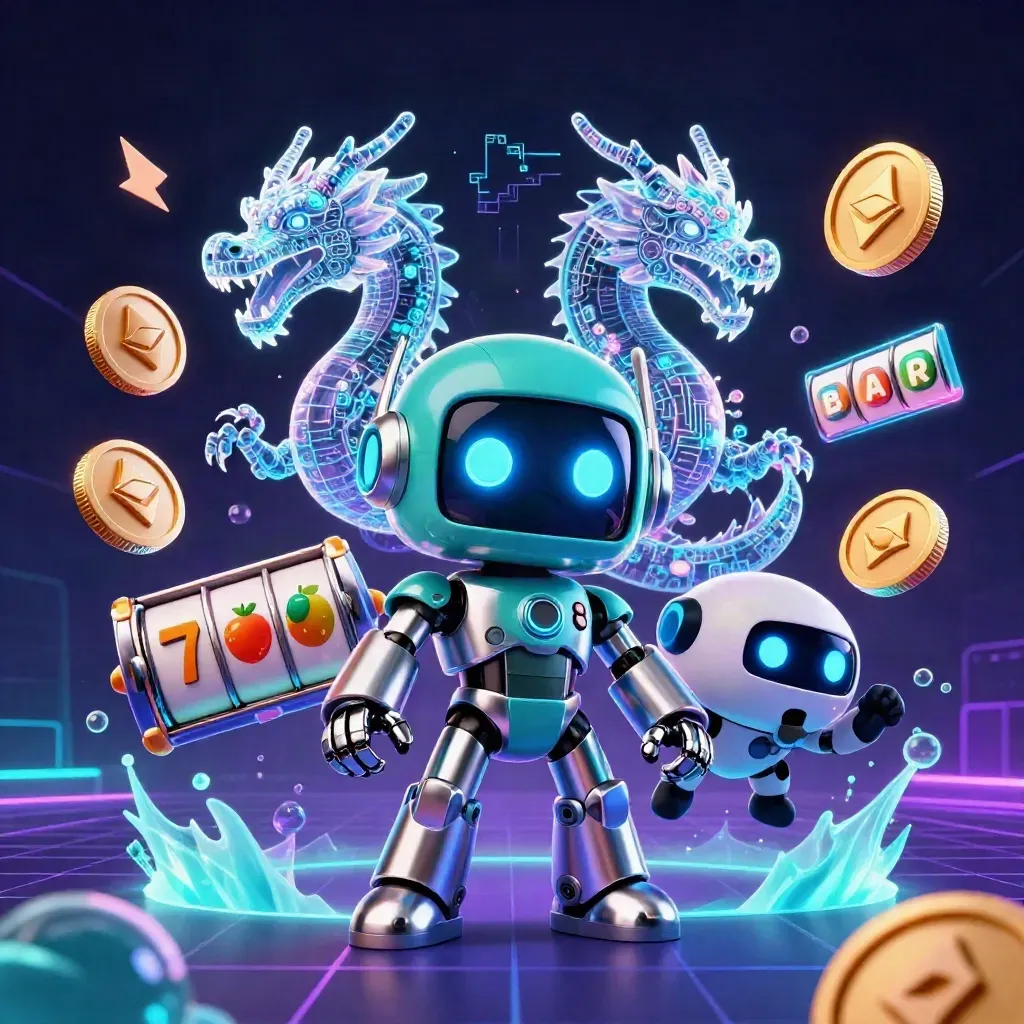 Cyberpunk robot, holographic dragon, and coin drone blasting casino reels, coins, lightning, and neon glow