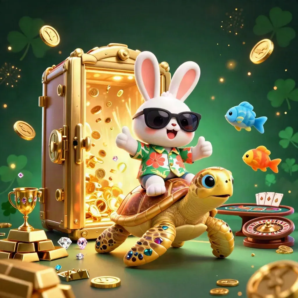 Lucky rabbit on jeweled sea turtle with treasure vault blast, coins, cards, and casino glow