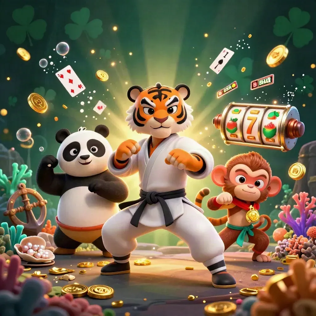 Tiger, panda, and monkey in a glowing treasure-cove casino scene with gold coins and coral