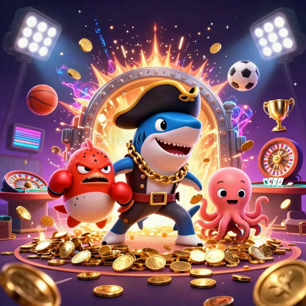 Shark pirate, pufferfish, and octopus amid coins, sports gear, neon lights, and casino glamour