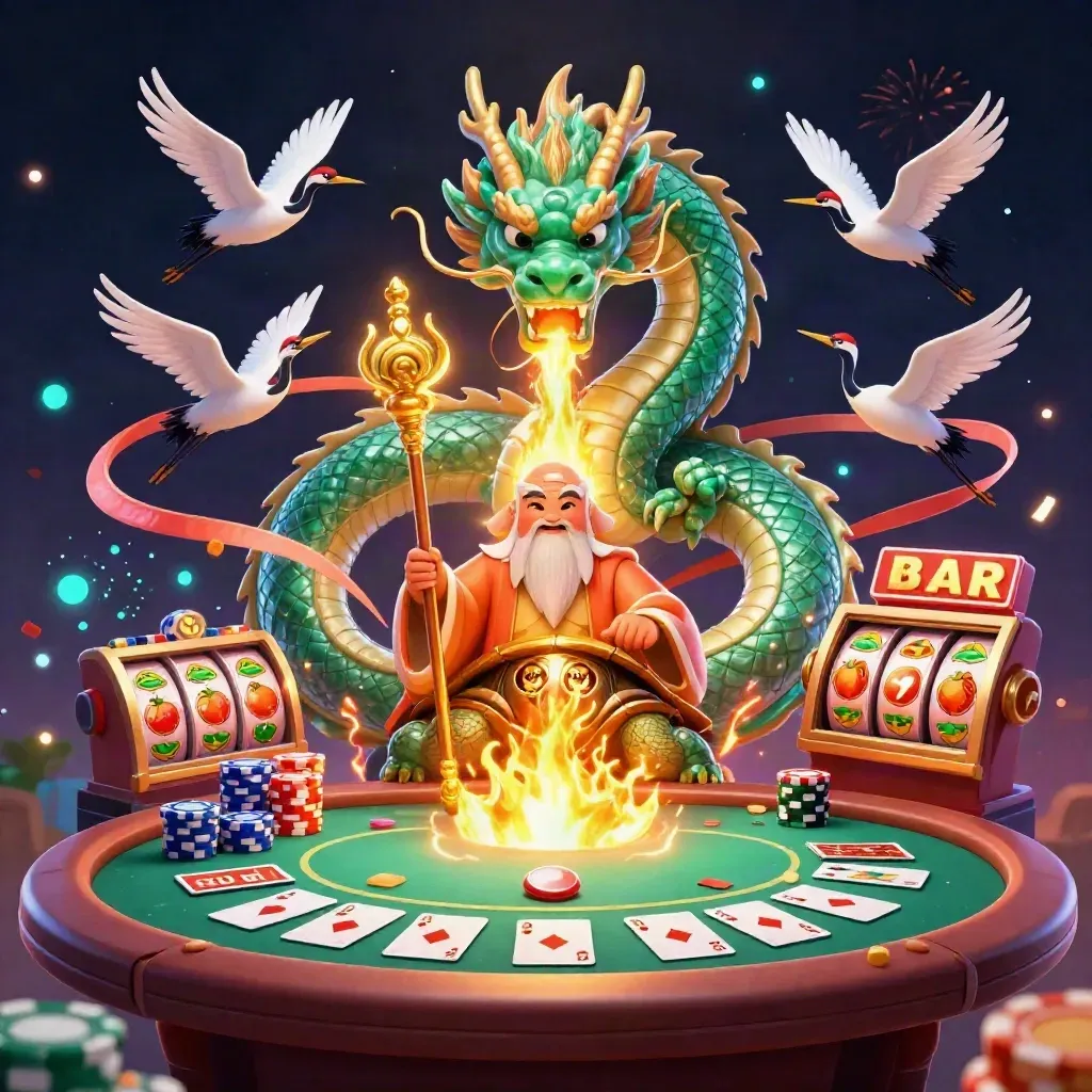 Emerald dragon, turtle sage, and cranes amid casino chips, cards, fire, and neon sparkles.