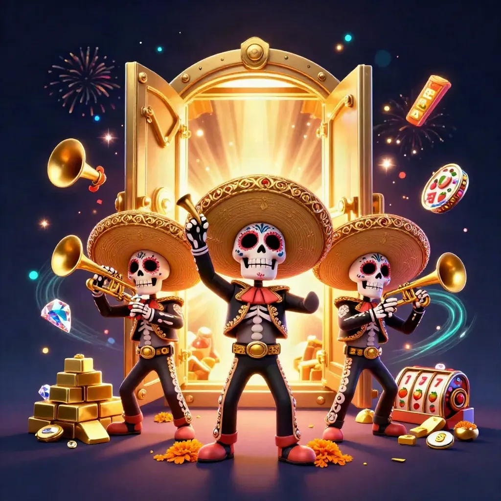 Three skeleton mariachi performers with gold vault, gems, slot symbols, and neon casino effects.