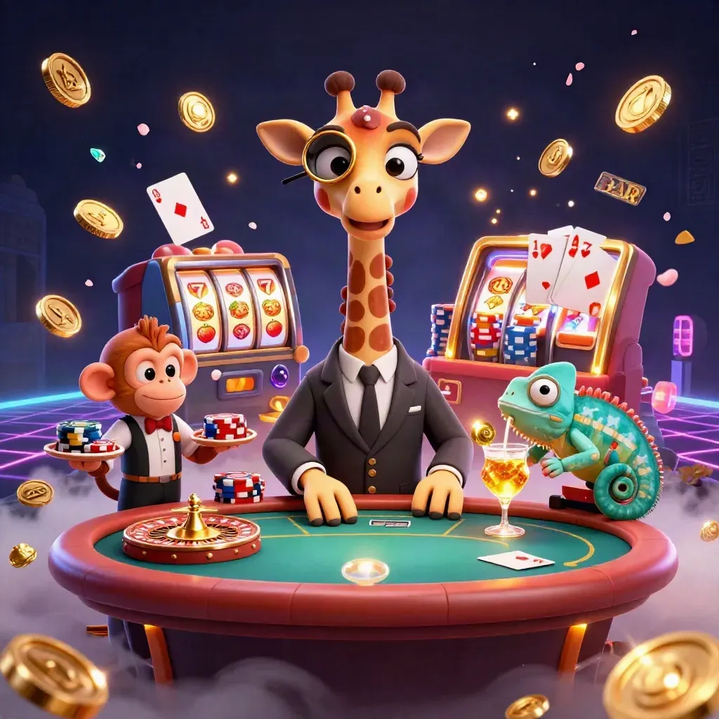 Neon casino giraffe, monkey valet, and chameleon bartender amid coins, cards, and roulette.