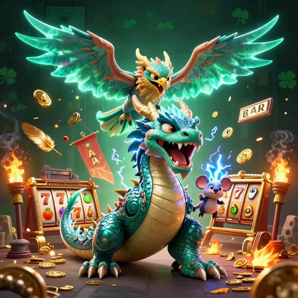 Thunder dragon, wind hawk, and static mouse amid casino coins, reels, and temple fire