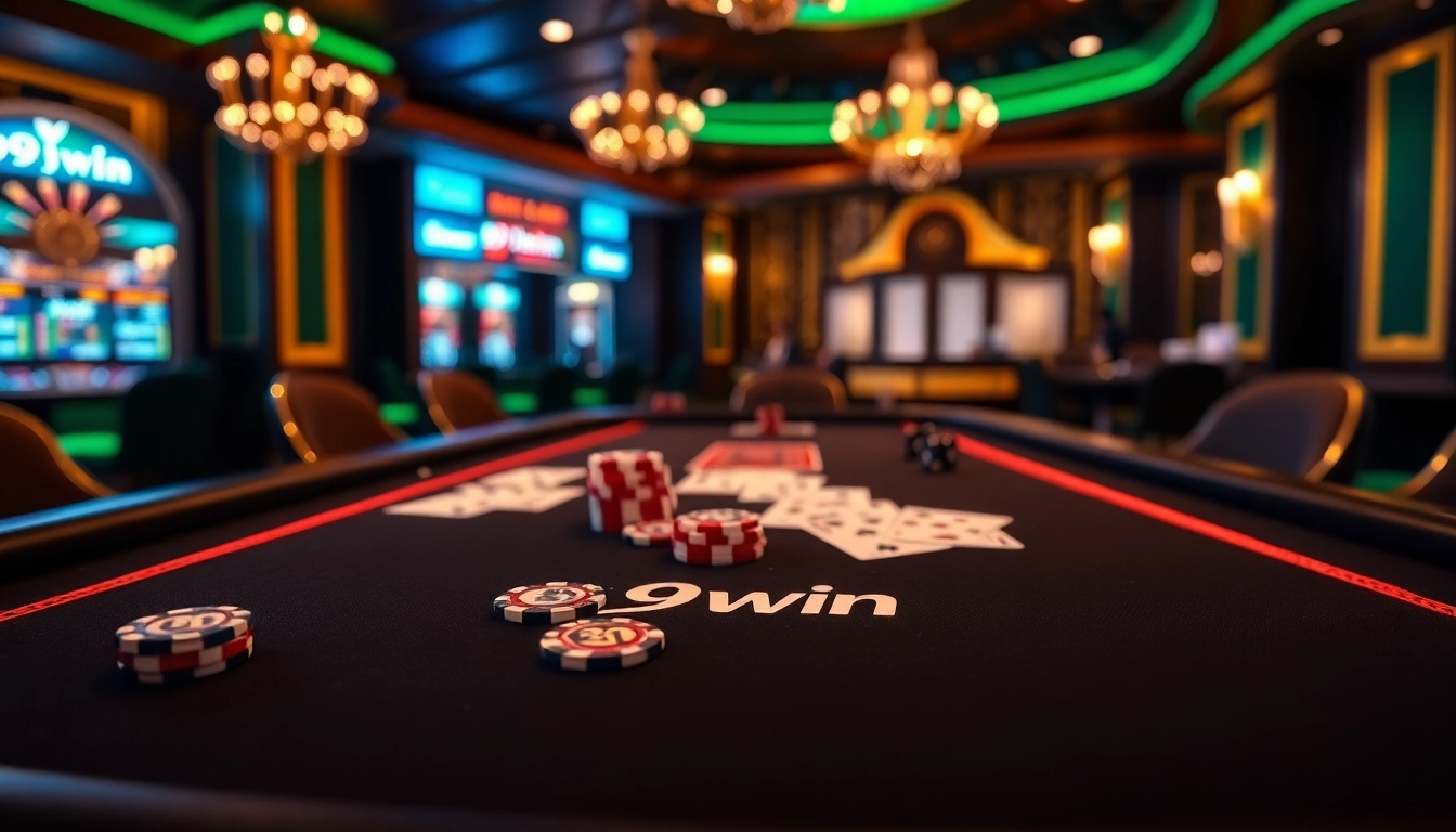 Experience the thrill of a game at the 99win poker table filled with vibrant chips and cards.