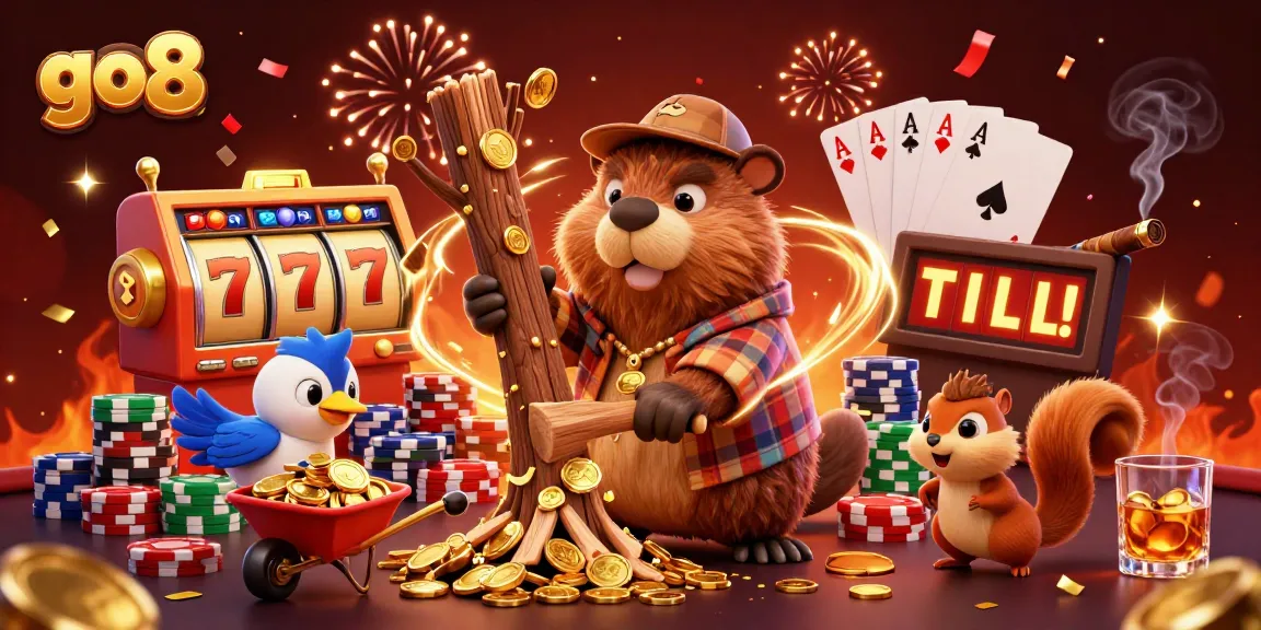 Join the fun at go8 as the playful beaver and friends celebrate with slot reels and gold coins!