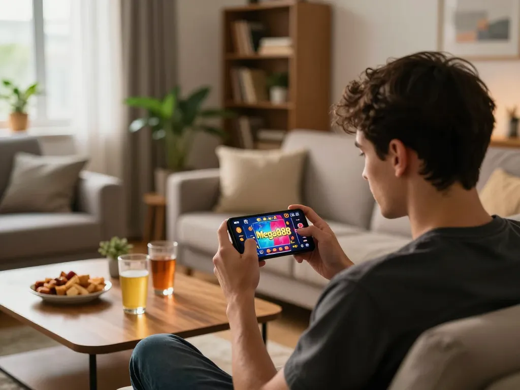Mega888 user engaging with mobile casino app in a cozy living room setting
