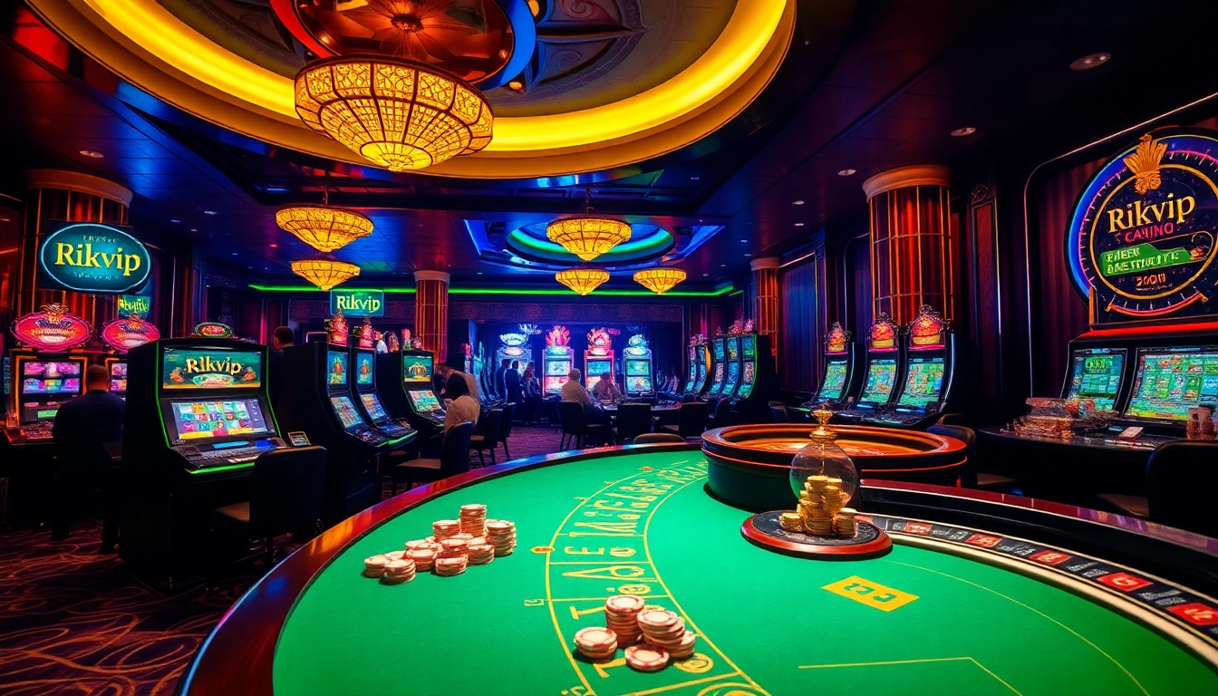 Players enjoying games at Rikvip casino, featuring vibrant tables and slot machines.