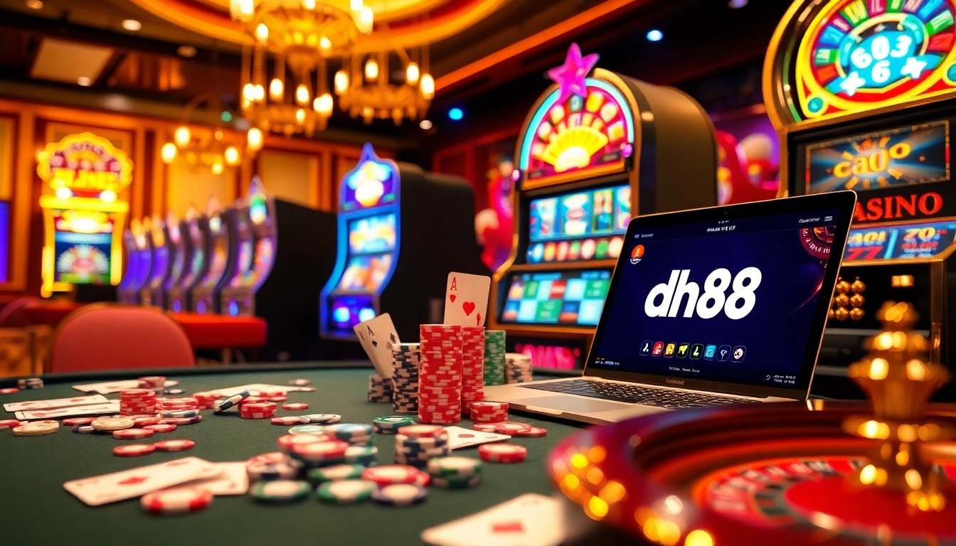 Experience thrilling gambling at dh88 with vibrant casino tables, cards, and spinning slots.