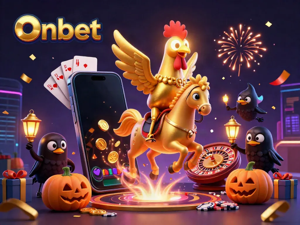 Engage in thrilling slot games at Onbet with golden rooster casino companions and festive elements.