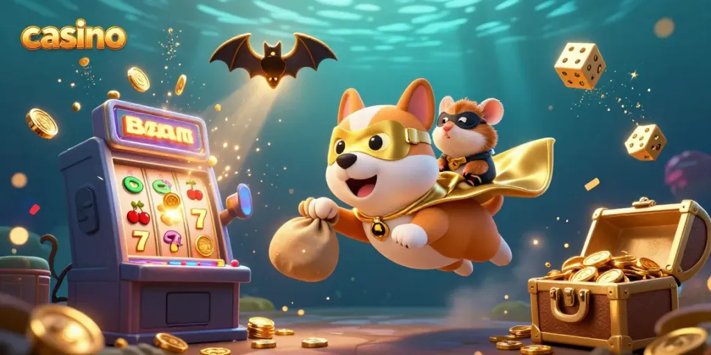 Casino-themed illustration showing a superhero dog and hamster with a slot machine explosion, symbolizing fun and winnings.