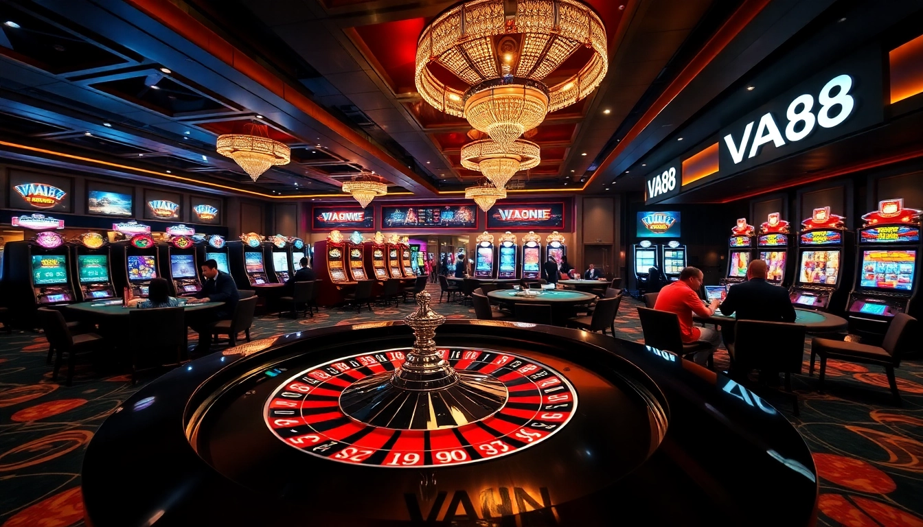 Experience the excitement at VA88 with stunning casino visuals featuring roulette, poker, and slot machines.